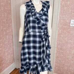 Stetson Blue Plaid Ruffle Sleeveless Wrap Dress sz S